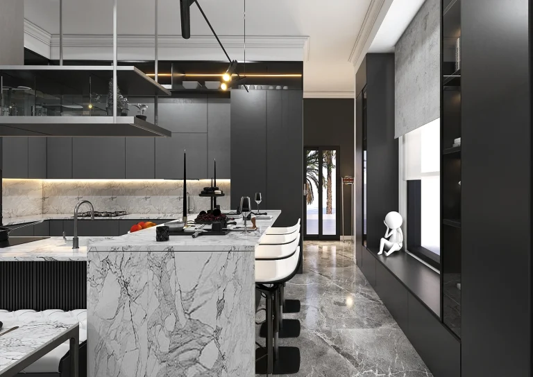 Design of a reception hall with materials, marble, MDF, linear lighting, plasterwork and classic framing