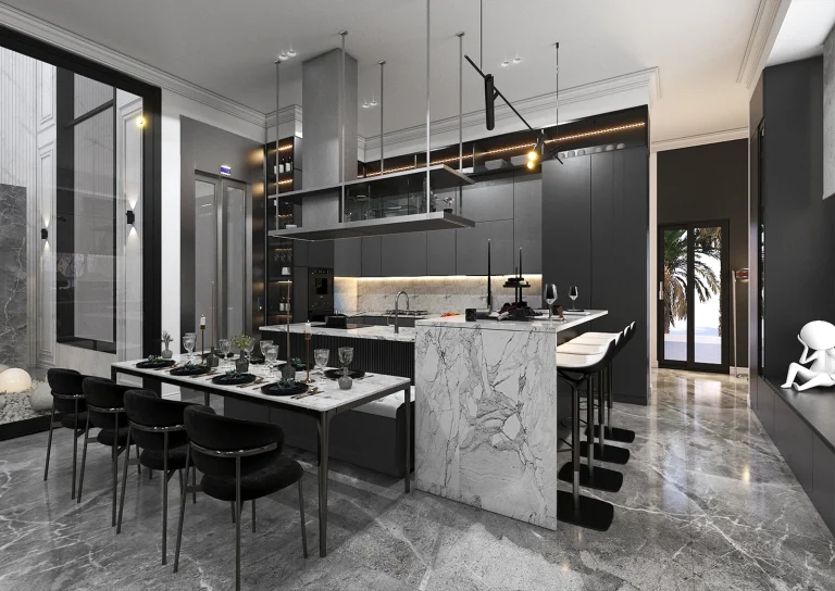 Design of a reception hall with materials, marble, MDF, linear lighting, plasterwork and classic framing