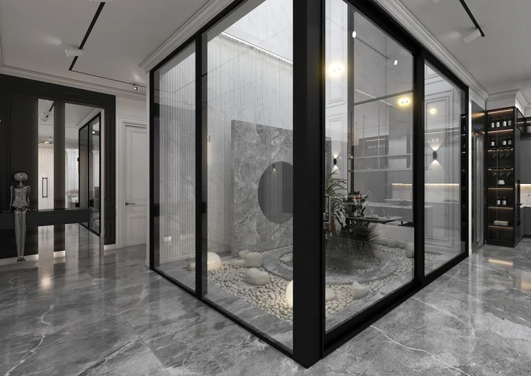 Design of a reception hall with materials, marble, MDF, linear lighting, plasterwork and classic framing