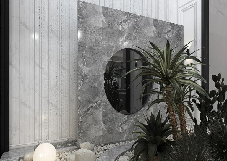 Design of a reception hall with materials, marble, MDF, linear lighting, plasterwork and classic framing