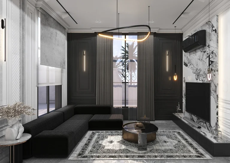 Design of a reception hall with materials, marble, MDF, linear lighting, plasterwork and classic framing
