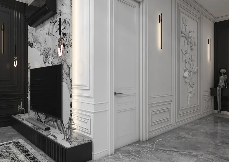 Design of a reception hall with materials, marble, MDF, linear lighting, plasterwork and classic framing