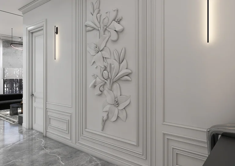 Design of a reception hall with materials, marble, MDF, linear lighting, plasterwork and classic framing