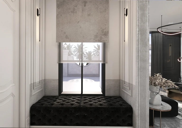 Design of a reception hall with materials, marble, MDF, linear lighting, plasterwork and classic framing