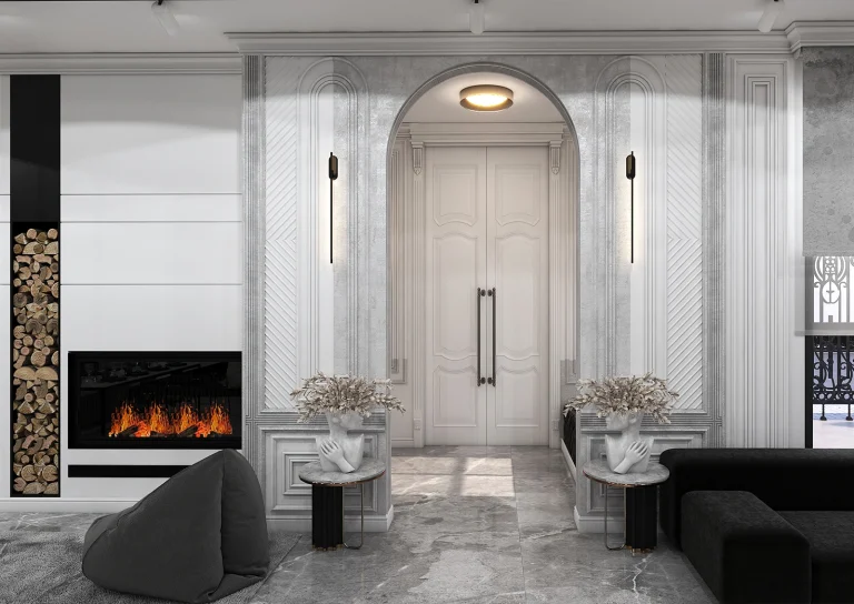 Design of a reception hall with materials, marble, MDF, linear lighting, plasterwork and classic framing