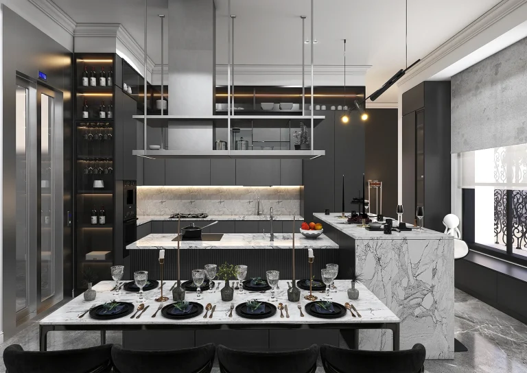 Design of a reception hall with materials, marble, MDF, linear lighting, plasterwork and classic framing