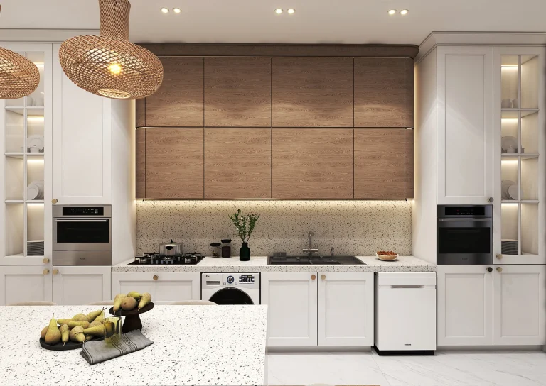 Kitchen hall design with materials _ MDF _ light lines _ stone
