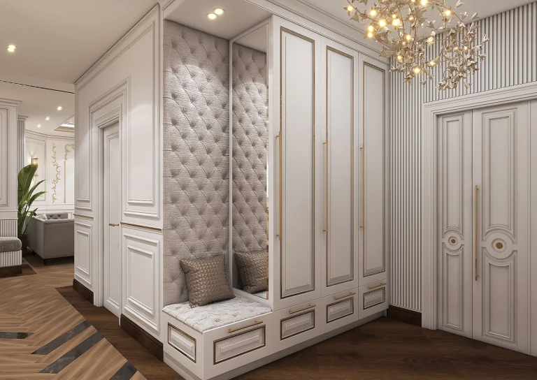 Design of a reception hall with materials - poster - plaster - mirror - gold steel strip - linear light - MDF