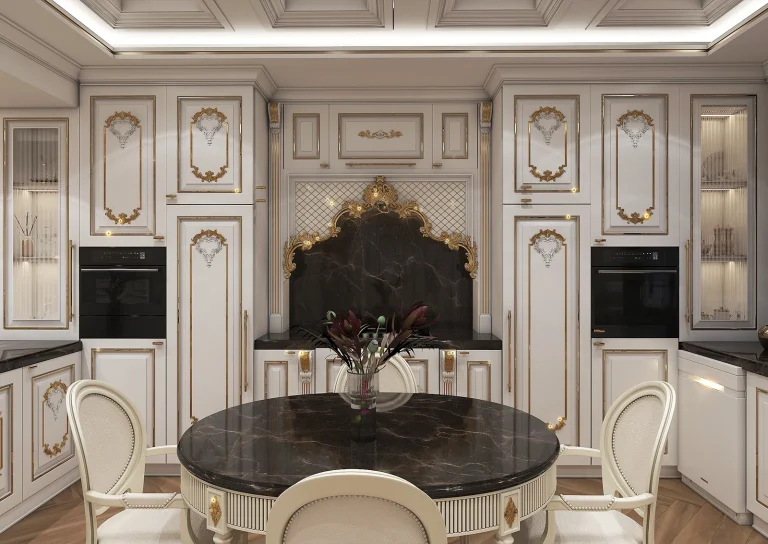 Design of a reception hall with materials - poster - plaster - mirror - gold steel strip - linear light - MDF