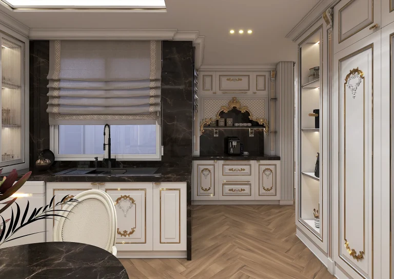 Design of a reception hall with materials - poster - plaster - mirror - gold steel strip - linear light - MDF