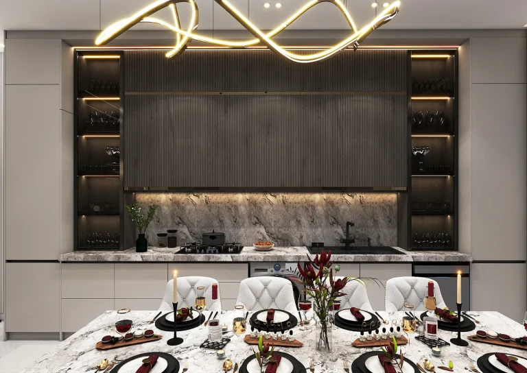 Designing a reception hall with materials _ MDF _ grooved MDF _ linear lighting _ stone and ceramic