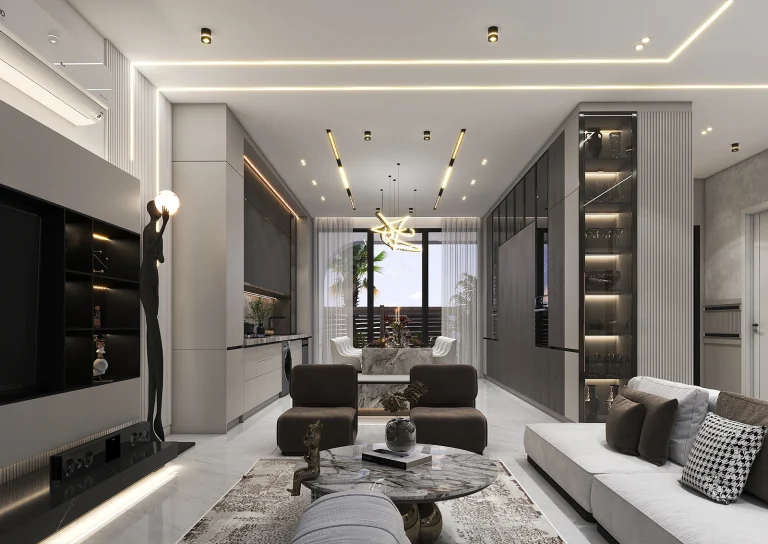 Design of a reception hall with materials _ MDF _ grooved MDF _ linear lighting _ glass and metal _ stone and ceramic