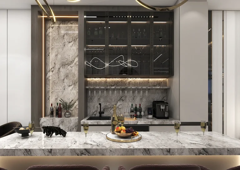 Design of a reception hall with materials _ MDF _ grooved MDF _ linear lighting _ glass and metal _ stone and ceramic