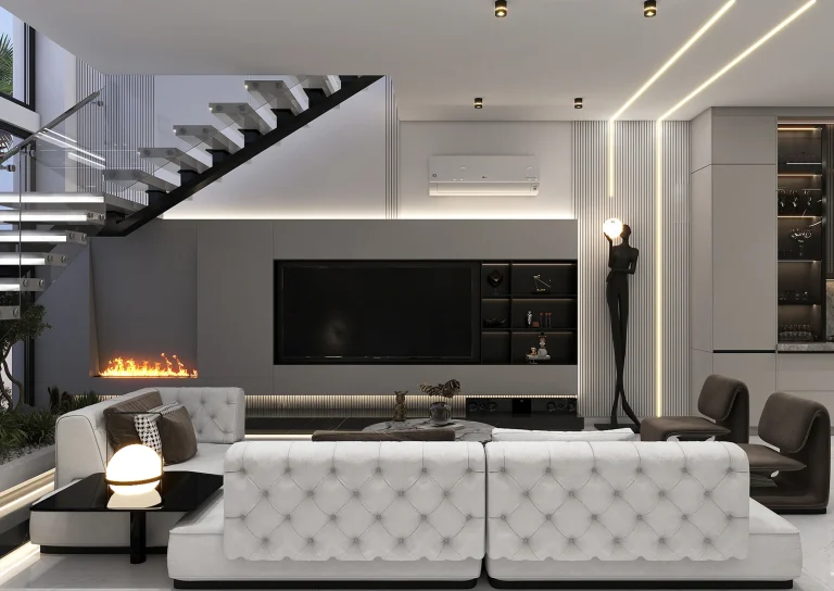 Design of a reception hall with materials _ MDF _ grooved MDF _ linear lighting _ glass and metal _ stone and ceramic