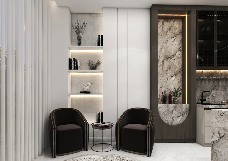 Designing a reception hall with materials _ MDF _ linear lighting _ stone and ceramics