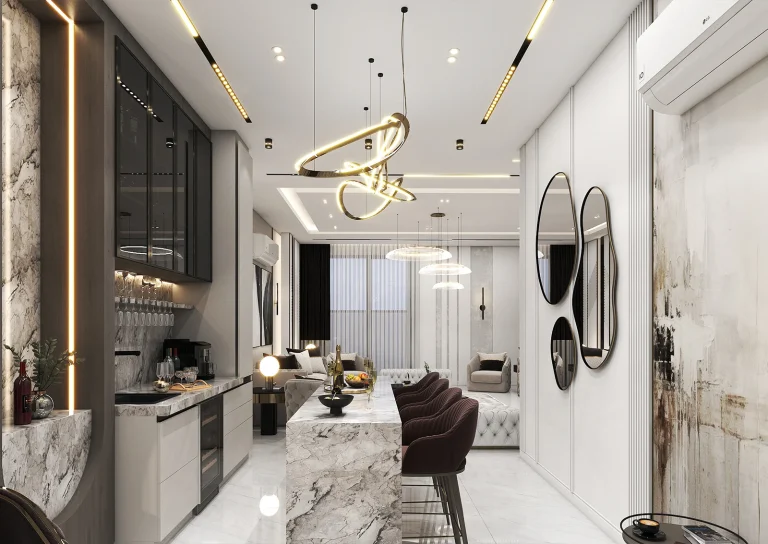 Designing a reception hall with materials _ MDF _ linear lighting _ glass _ stone and ceramics