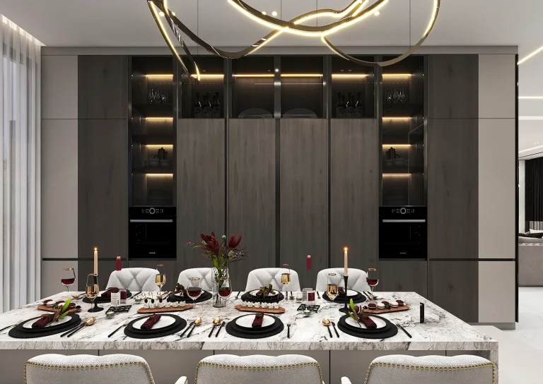 Designing a reception hall with materials _ MDF _ linear lighting _ glass and metal