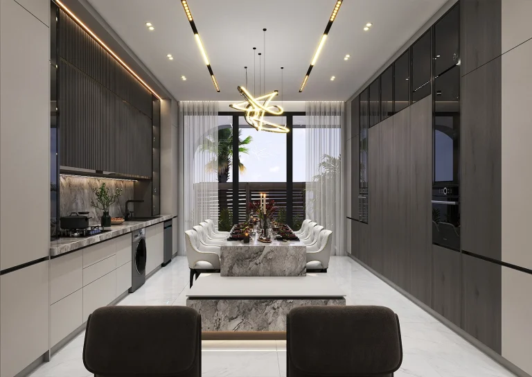 Designing a reception hall with materials _ MDF _ linear lighting _ glass and metal _ stone and ceramic