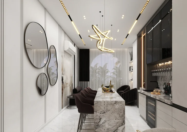 Designing a reception hall with materials _ MDF _ linear lighting _ glass and metal _ stone and ceramic _ mirrors