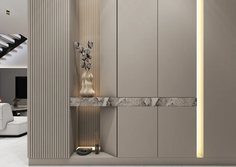 Designing a reception hall with grooved MDF material, linear light, MDF.