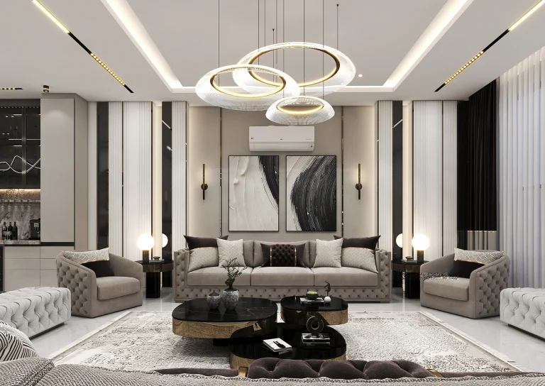 Design of a reception hall with materials: grooved MDF, linear lighting, stone and ceramic, and mirrors.