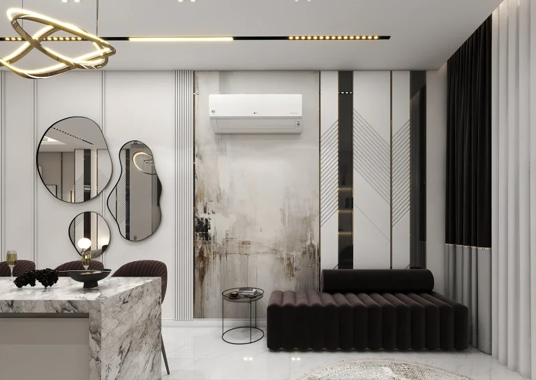 Design of a reception hall with materials: grooved MDF, linear lighting, glass, stone and ceramic, posters, mirrors