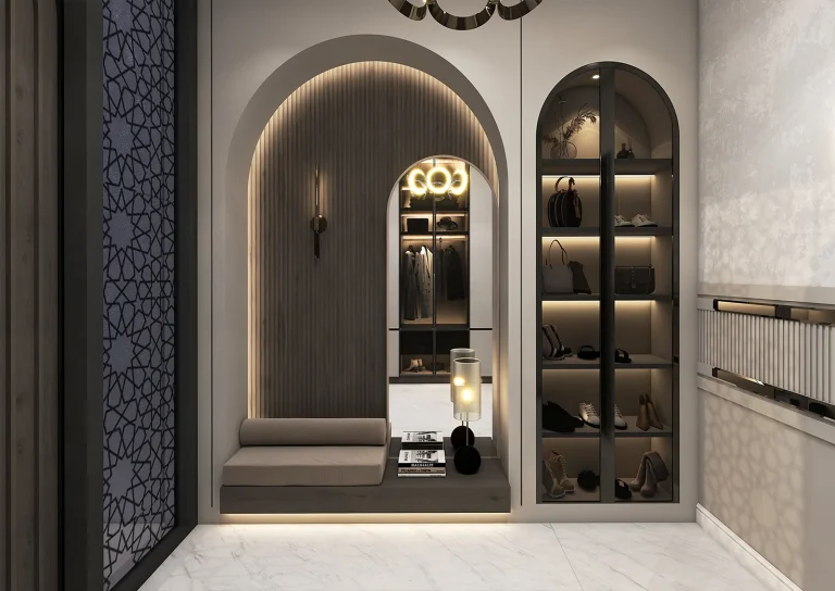 Design of a reception hall with materials _ grooved MDF _ linear light _ glass and metal _ stone and ceramic _ mirror