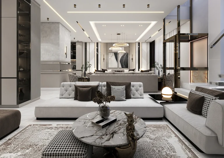 Design of a reception hall with materials: grooved MDF, linear lighting, glass and metal, stone and ceramic, and mirrors.