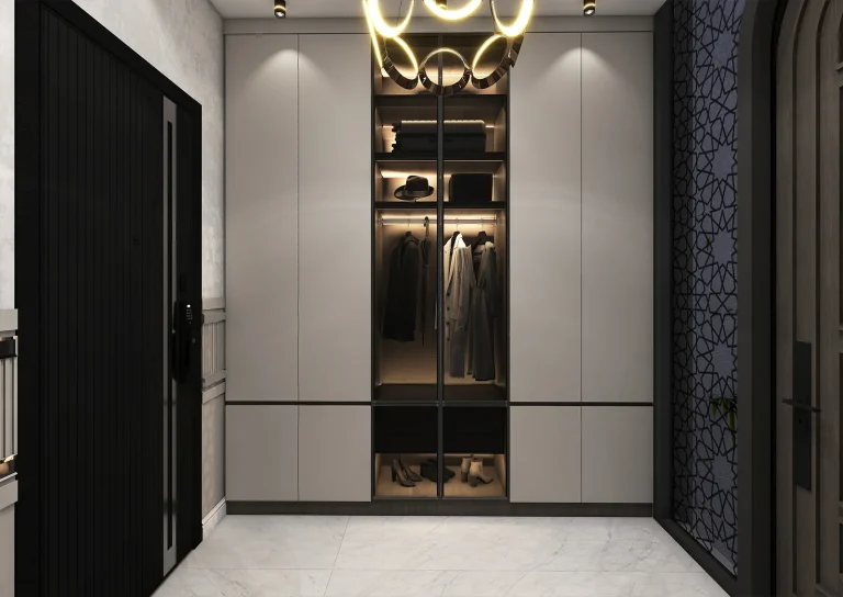 Design of a reception hall with materials: grooved MDF, linear lighting, glass and metal, stone and ceramic, and wallpaper.