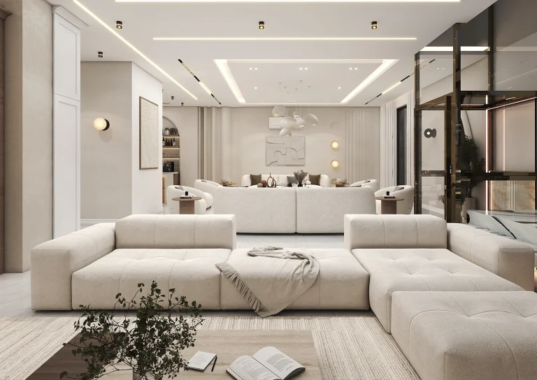 Design of a reception hall with materials _ decorative panels _ knauf_ linear lighting_ mirrors (2)