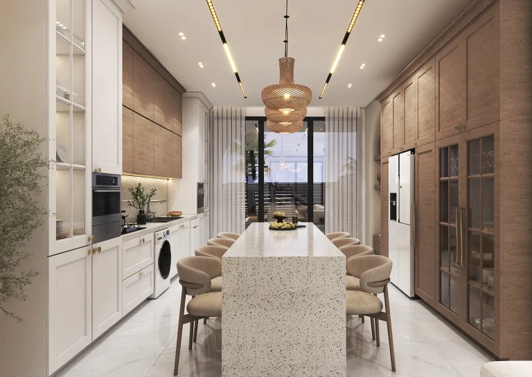 Design of a reception hall with materials _MDF_Linear light_Stone_