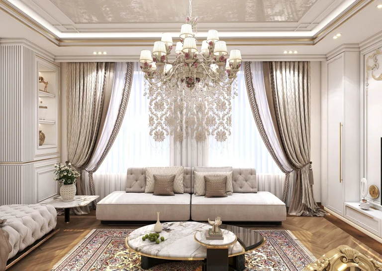 Design of a reception hall with materials - poster - plaster - mirror - gold steel strip - linear light - MDF