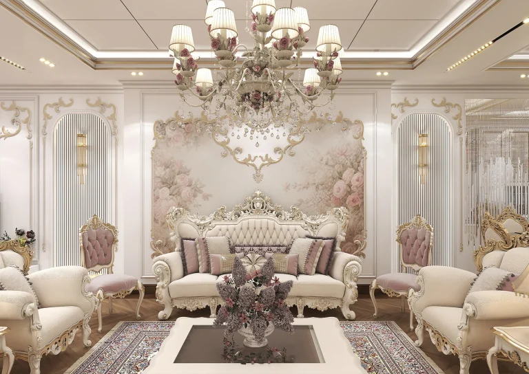 Design of a reception hall with materials - poster - plaster - mirror - gold steel strip - linear light - MDF