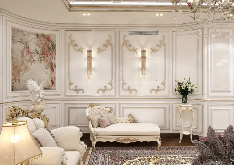 Design of a reception hall with materials - poster - plaster - mirror - gold steel strip - linear light - MDF