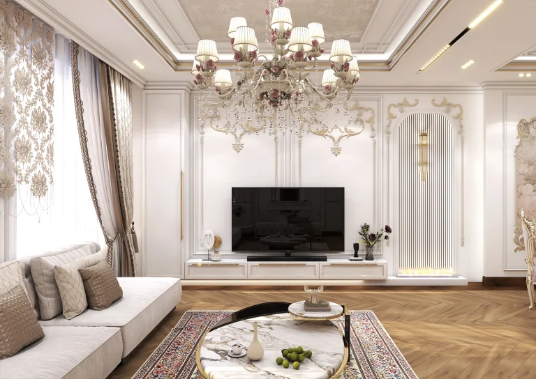 Design of a reception hall with materials - poster - plaster - mirror - gold steel strip - linear light - MDF