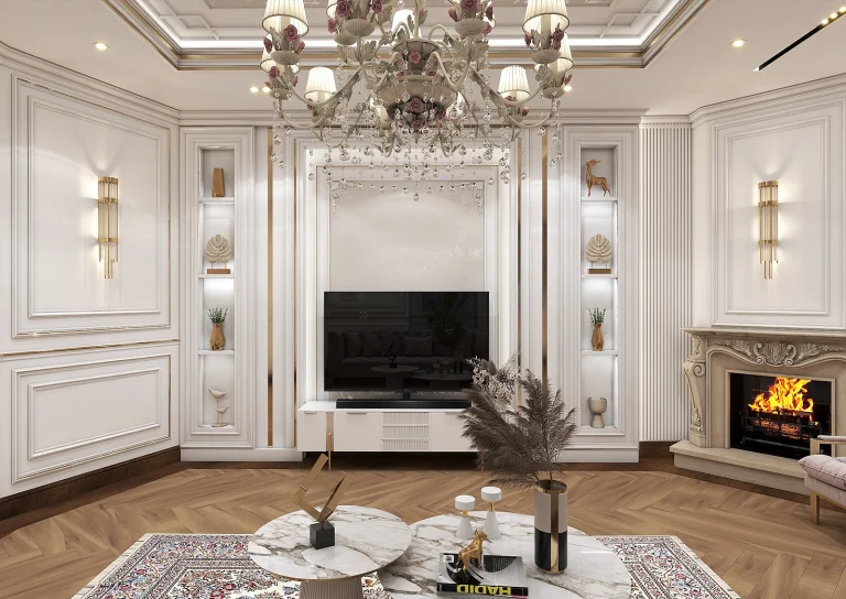 Design of a reception hall with materials - poster - plaster - mirror - gold steel strip - linear light - MDF