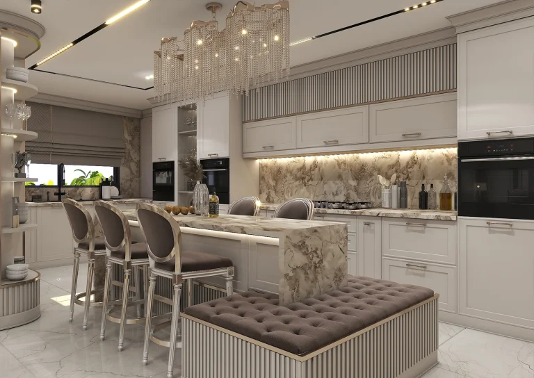 Design of a reception hall with linear light materials - grooved MDF_plaster_mirrors_golden_patina_MDF