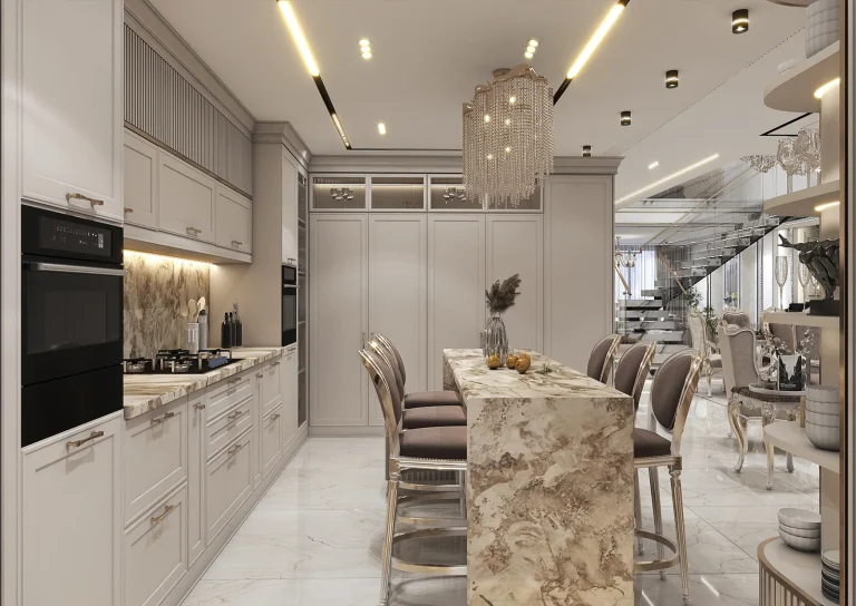 Design of a reception hall with linear light materials - grooved MDF_plaster_mirrors_golden_patina_MDF