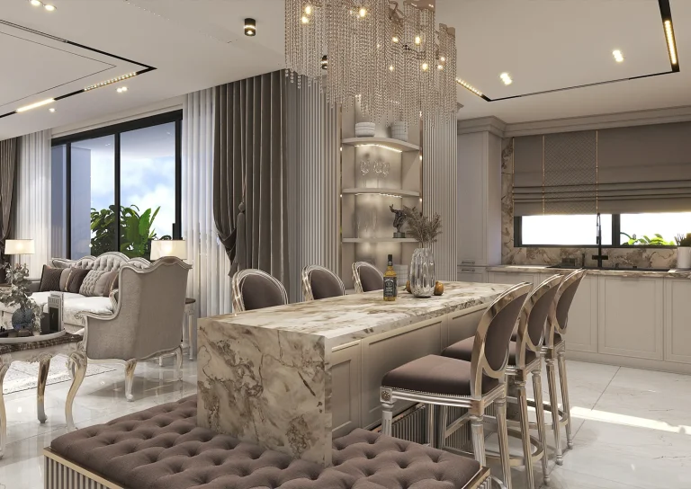 Design of a reception hall with linear light materials - grooved MDF_plaster_mirrors_golden_patina_MDF