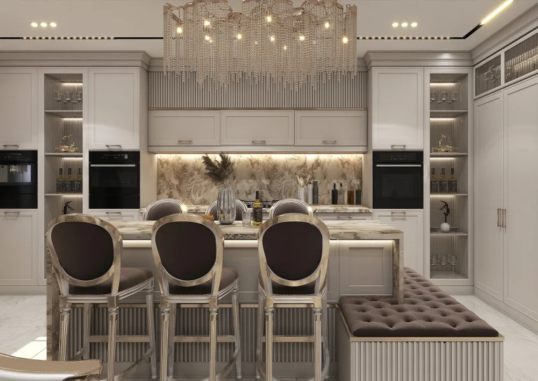 Design of a reception hall with linear light materials - grooved MDF_plaster_mirrors_golden_patina_MDF