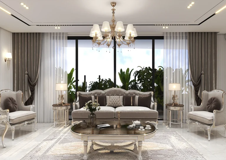 Design of a reception hall with linear light materials - grooved MDF_plaster_mirrors_golden_patina_MDF