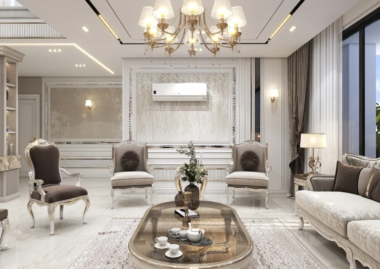 Design of a reception hall with linear light materials - grooved MDF_plaster_mirrors_golden_patina_MDF