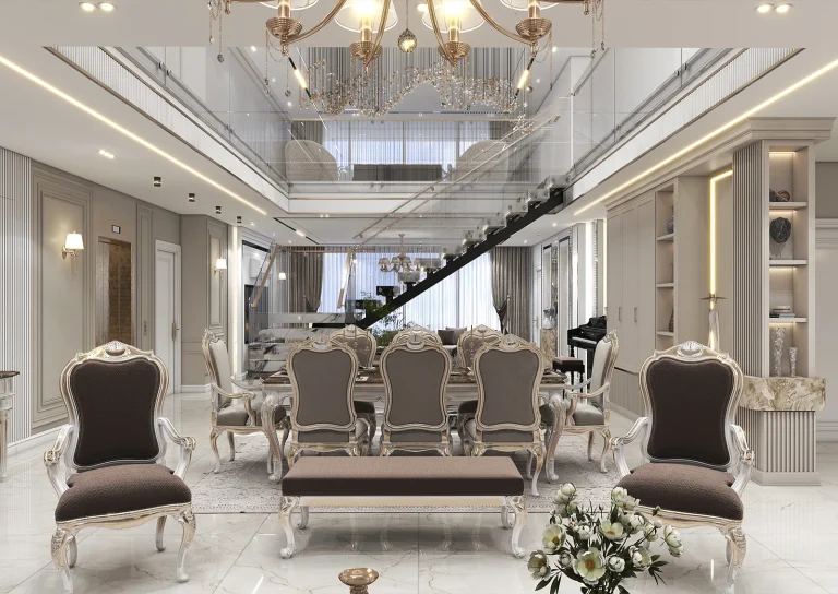 Design of a reception hall with linear light materials - grooved MDF_plaster_mirrors_golden_patina_MDF