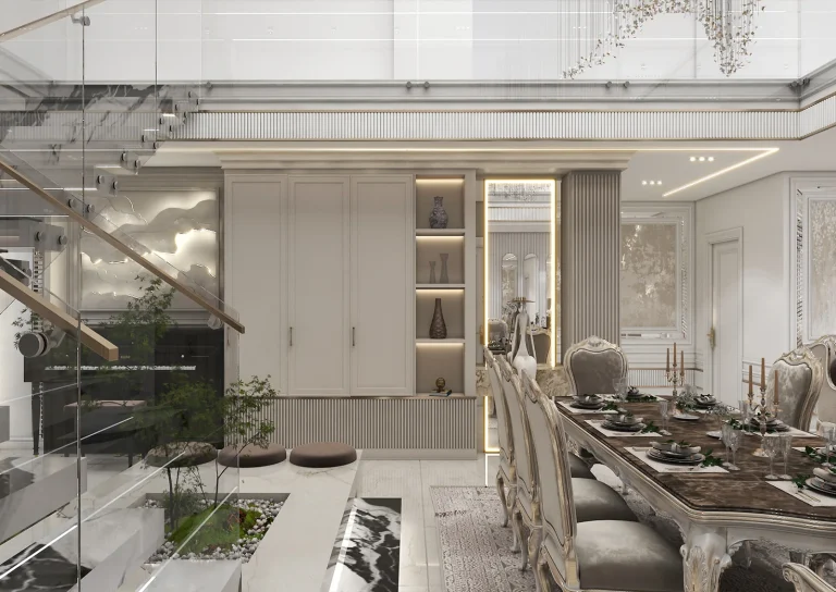 Design of a reception hall with linear light materials - grooved MDF_plaster_mirrors_golden_patina_MDF