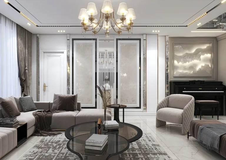 Design of a reception hall with linear light materials - grooved MDF_plaster_mirrors_golden_patina_MDF