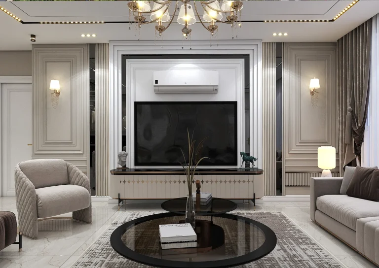 Design of a reception hall with linear light materials - grooved MDF_plaster_mirrors_golden_patina_MDF