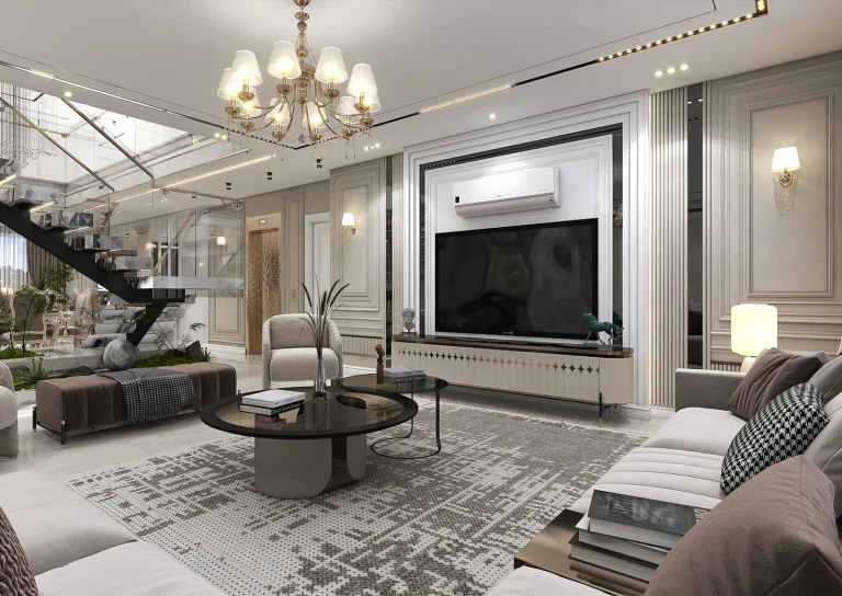 Design of a reception hall with linear light materials - grooved MDF_plaster_mirrors_golden_patina_MDF