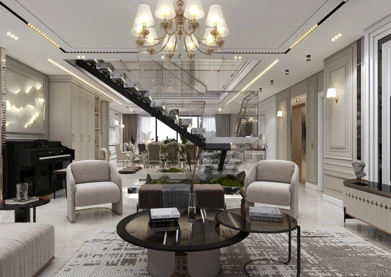 Design of a reception hall with linear light materials - grooved MDF_plaster_mirrors_golden_patina_MDF