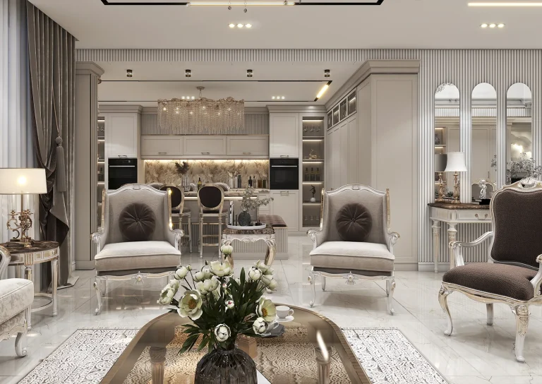 Design of a reception hall with linear light materials - grooved MDF_plaster_mirrors_golden_patina_MDF