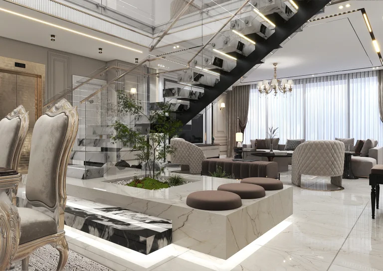 Design of a reception hall with linear light materials - grooved MDF_plaster_mirrors_golden_patina_MDF